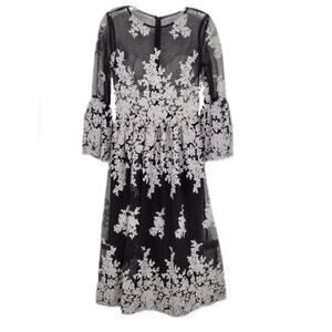 Nicole Miller Black Silver Embroidered Floral Modest Holiday Midi Dress Small